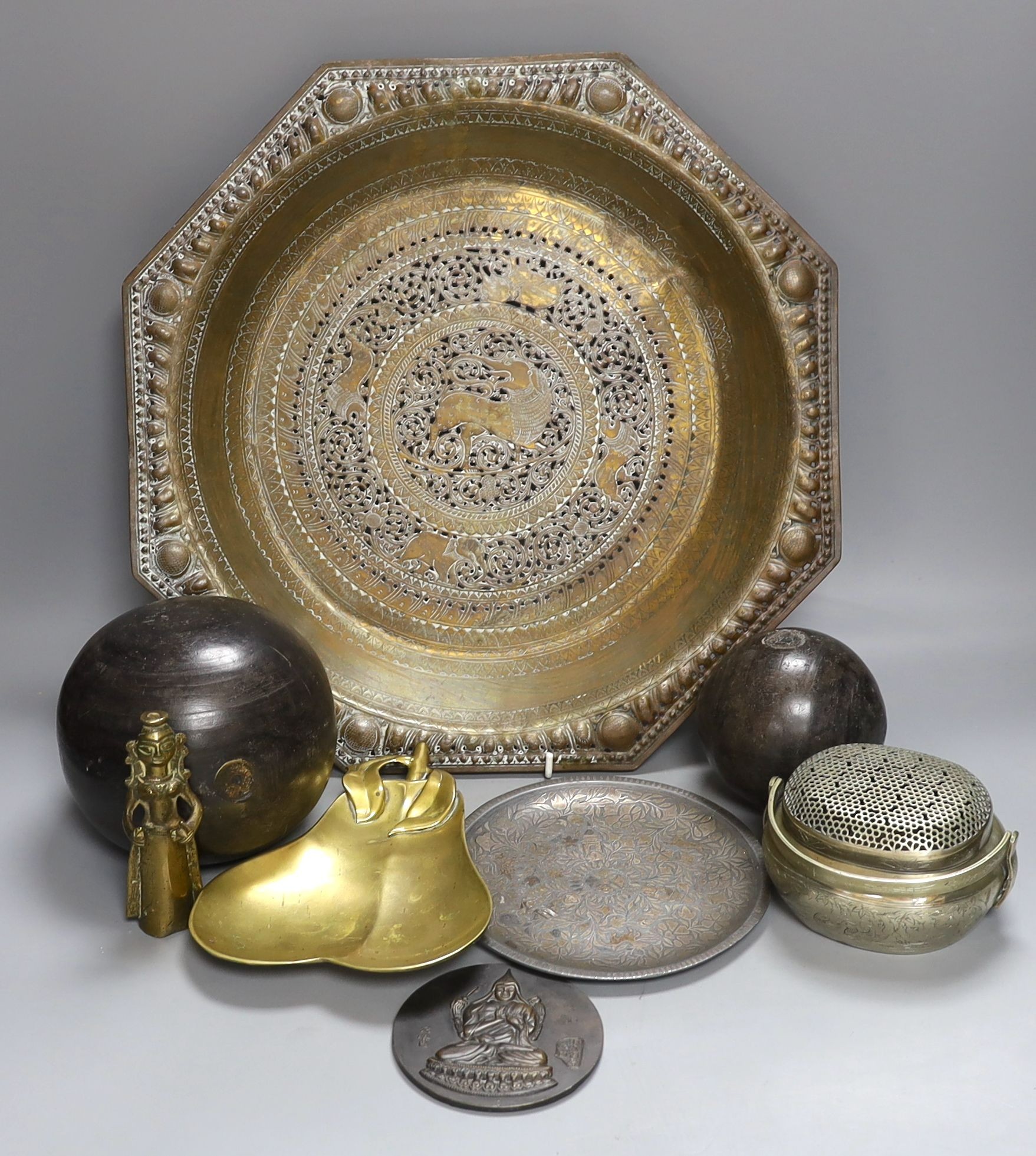 Metalware to include - a Sino-Tibetan bronze amulet, a Bidri ware dish, a Chinese paktong handwarmer Asian wood balls with inset coins etc